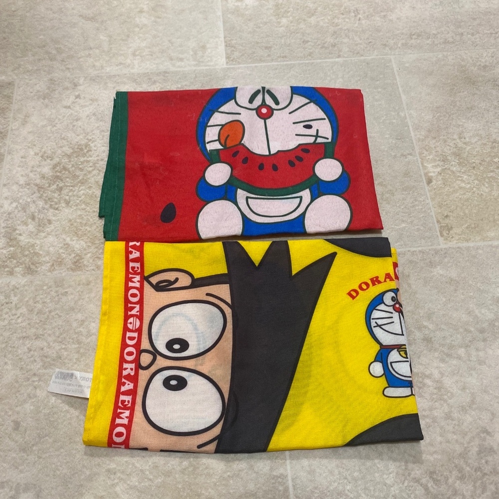 two Doraemon Nobita Yellow, red Tenugui handkerchiefs
